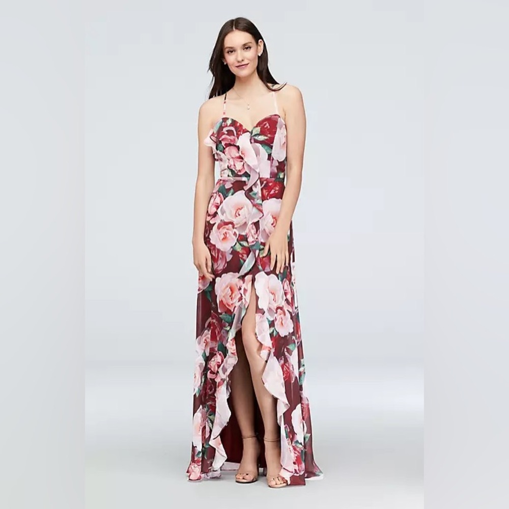 CACHET floral chiffon wrap dress with cascading ruffle
